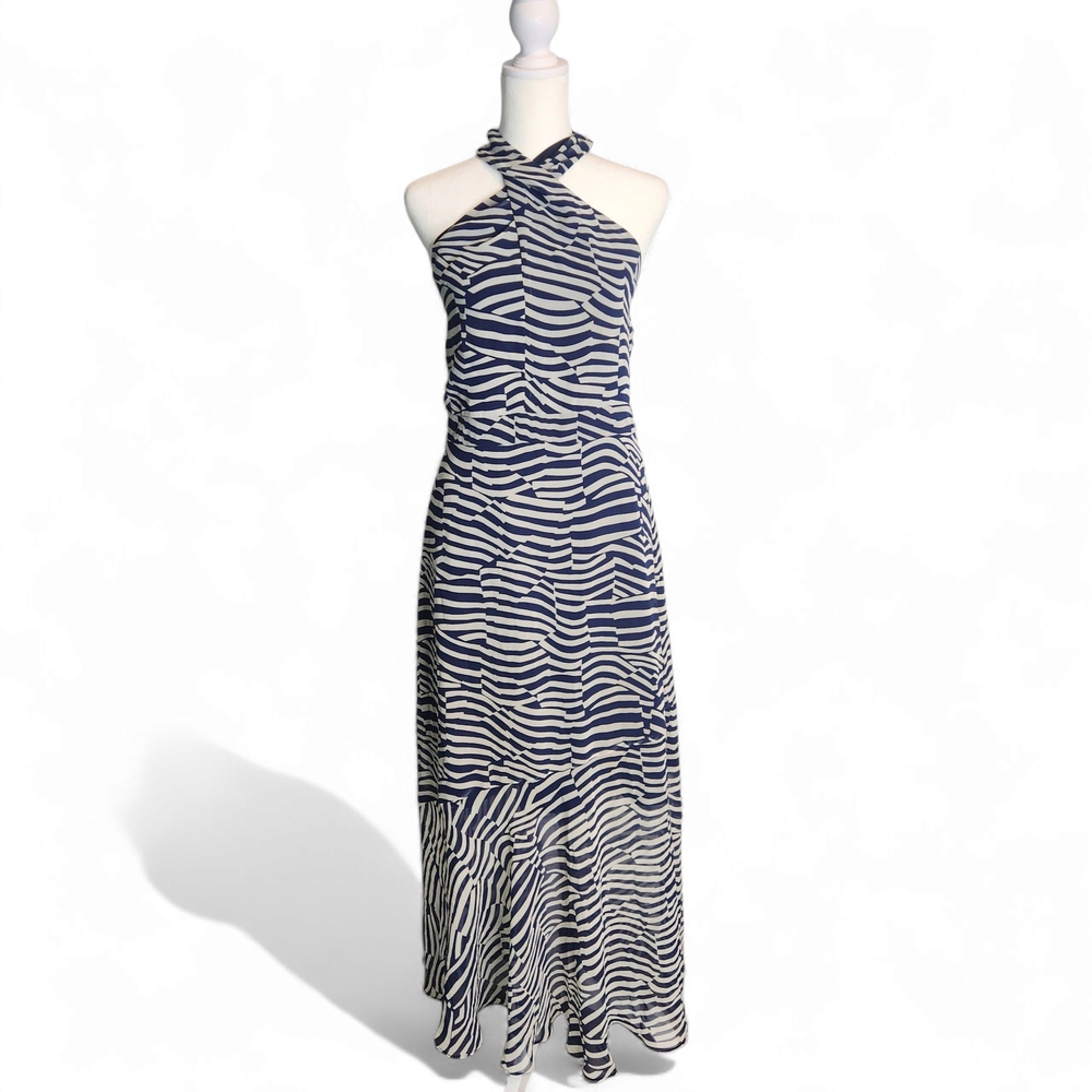 Sam Edelman Navy and White‎ Zebra Print  Halter Maxi Dress Size: 10